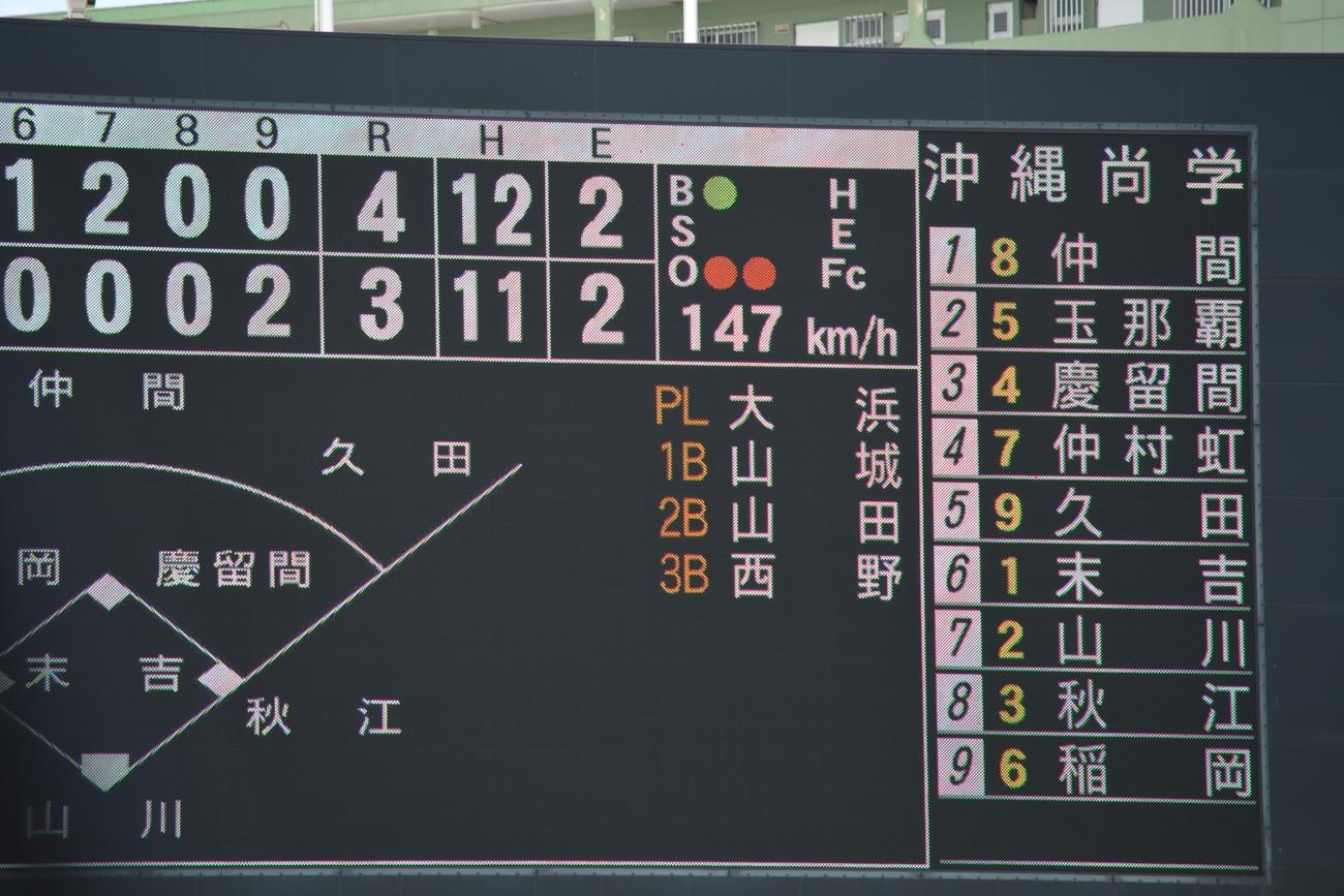 最終回に末吉良丞が登板し、MAX147キロの真っ直ぐとキレッキレのスライダーでエナジック打線を抑え、４対３で沖縄尚学優勝